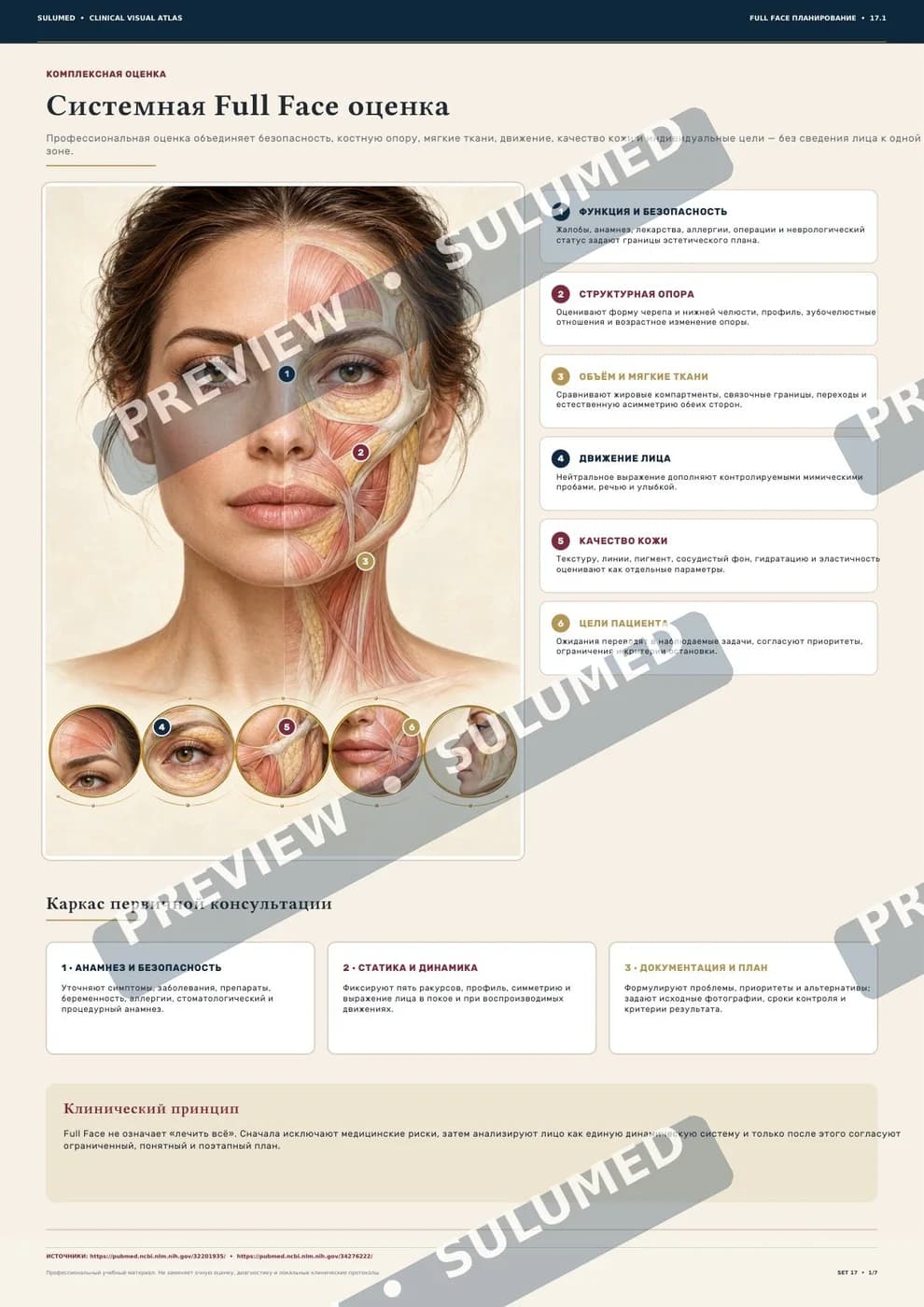 Блок «Full Face: планирование коррекции» клинического визуального атласа, первая страница: печатный лист A3 с заголовком, схемой и подписями. На превью нанесена марка SULUMED PREVIEW.
