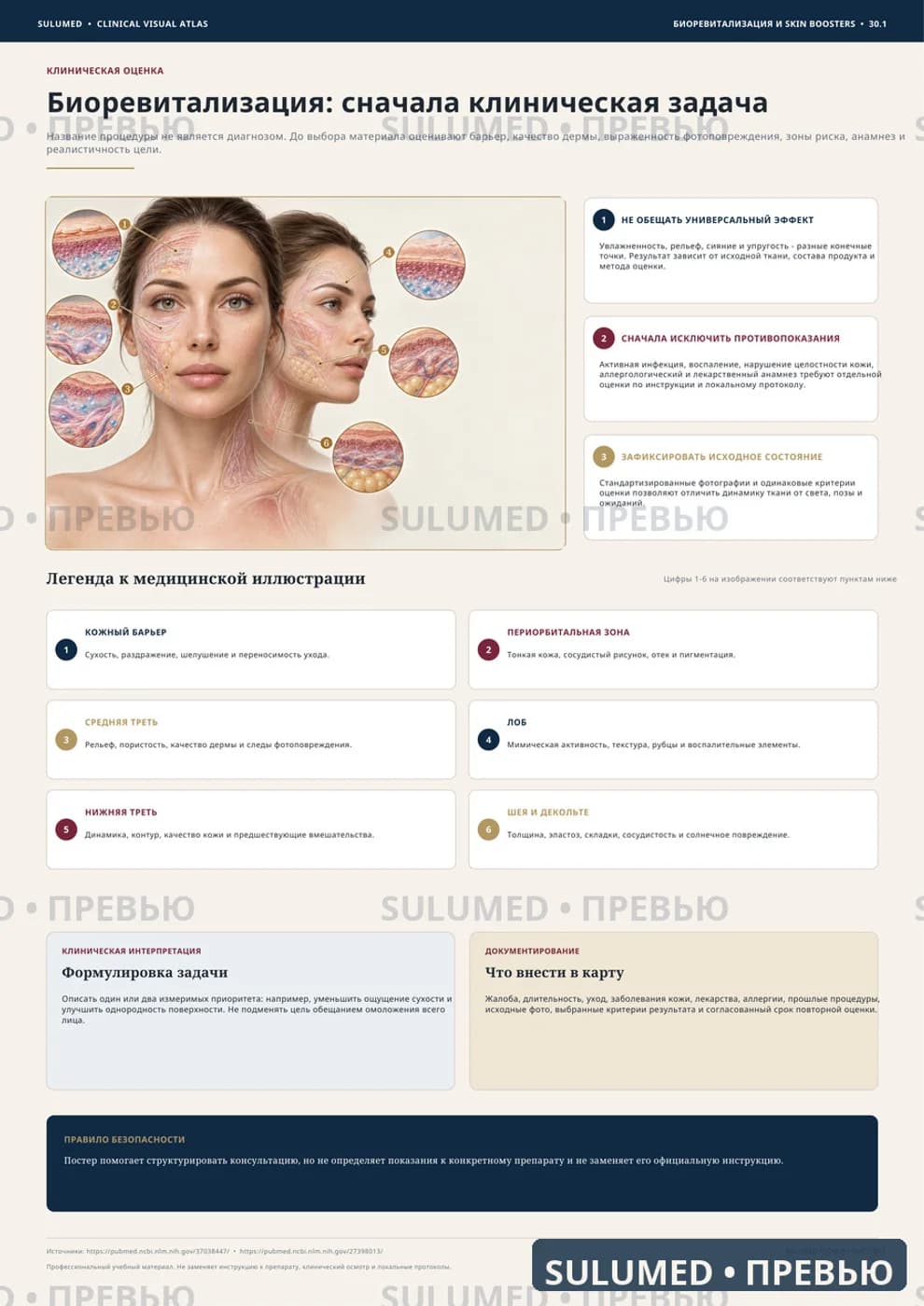 Блок «Биоревитализация и skin boosters» клинического визуального атласа, первая страница: печатный лист A3 с заголовком, схемой и подписями. На превью нанесена марка SULUMED PREVIEW.